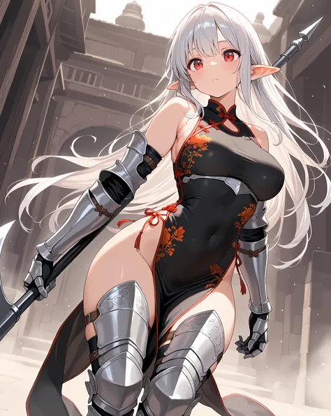 (Masterpiece), (best quality), amazing quality, Elf, female, red eyes, silver hair, knight, armor arms, armor legs, leg armor, arm armor, ((chinese dress)), holding halberd, ((solo)), bare shoulders,