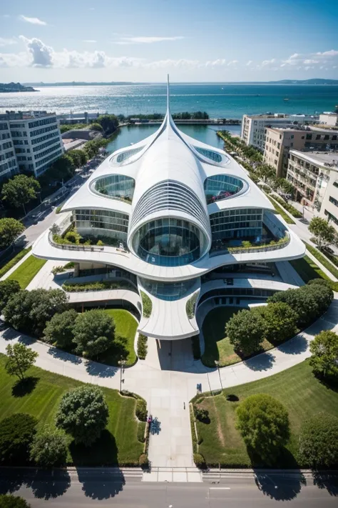 Future Architecture ， Aerial view ， with organic shapes and natural inspiration at its core ，Imitate a flower、Form of butterfly， creates a fluid and elegant structure ， like a big ship floating on the sea，Aerial Corridor Connects Different Building Units， ...