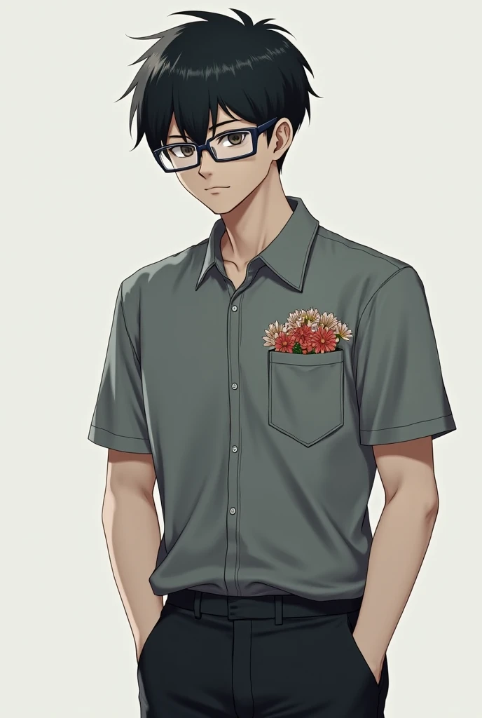 Anime image. Male, black hair, gray work shirt, with flowers in his pocket, black pants, slightly sad face wearing glasses.