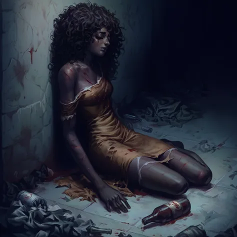 African Female, thin, Black skin.  long hair.  curly hair.  messy hair.  Wearing a torn brown dress On the floor. Hurt. Body injuries . Body injuries .. eye bruise.  lying on the floor.  torn clothes. trash. dark. dirt. night. Face down on the floor. tremb...