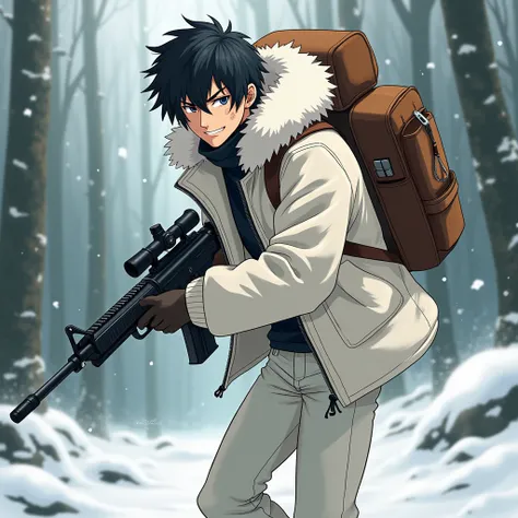 Dynamic Anime illustration, A guy with dark hair,  wearing a white fur jacket,  in warm white pants and boots. He has a machine gun in his hands, , he has a confident look and a confident, cunning smile,  on his back is a brown large backpack. He has sligh...