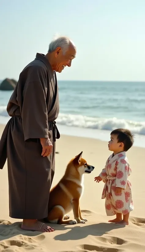 A smiling old Japanese man and a smiling Japanese baby boy about 3 months old are standing facing each other,
a Shiba Inu puppy is sitting between them,
the old man is wearing a dark brown kimono,
the baby is wearing a baby kimono,
the background is a sand...