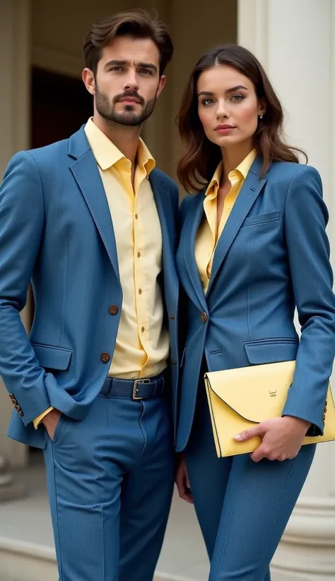 A man and a woman are stylishly dressed in blue denim suits. The man is wearing a pale yellow cream shirt. The woman is holding a pale yellow cream clutch