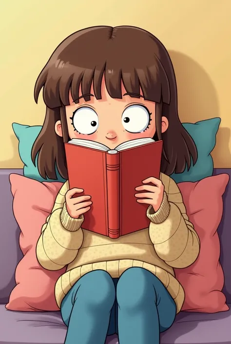 Image in a 90s cartoon art style similar to Hey Arnold! A girl reading a book that is covering the bottom half of her face, showing just her eyes above it. She has brown hair with a chunky fringe. Dressed casually in jeans & a chunky pastel sweater she is ...