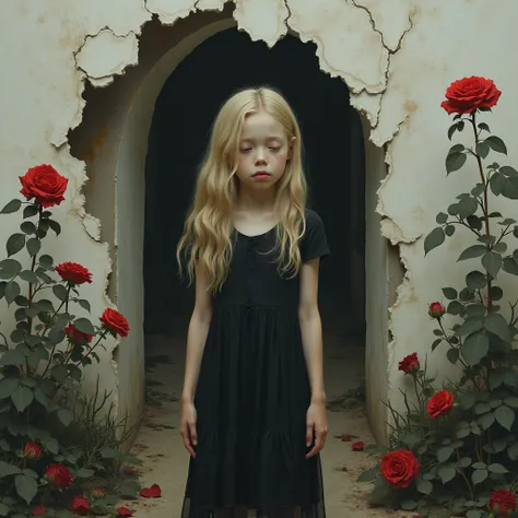 18 year old  blonde haired girl, wearing a black dress, looking depressed. standing looking at a  house made of paper torn walls, surrounded by thorns and red and black roses.