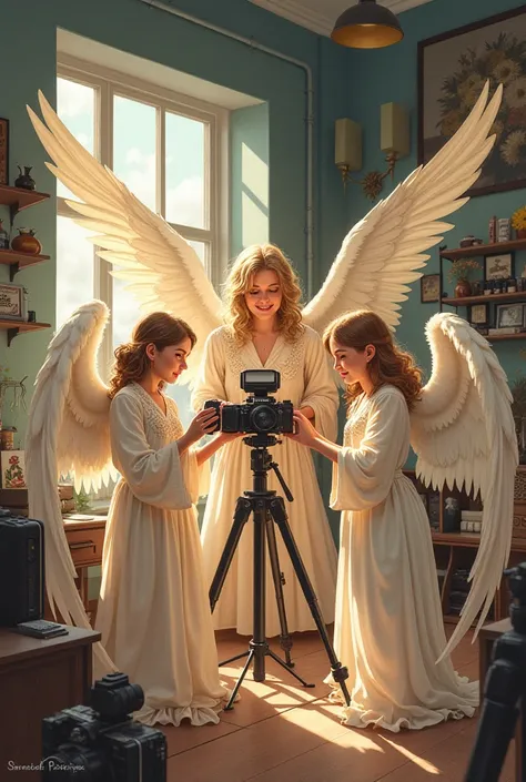 illustration of 3 female angels and one male angel, all working in a photography shop