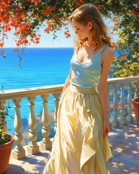 oil painting texture, V.V. style,   . beautiful girl, summer clothes, long skirt, leaning against, looking down, blonde, outdoor, blue ocean, balcony, red flowers, dappled sunlight, (masterpiece, best quality:1.2) 