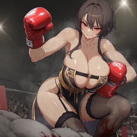 fuck the mother boxer, everlast boxing glove, UHD, retina, masterpiece, curate, anatomically correct, textured skin, super detail, high details, high quality, best quality, highres, 4K, quality, Arrogant, garter stockings, Large Breasts, covered in blood b...