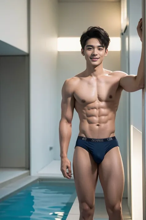 (masterpiece,best quality:1.2),male model, alone, 1 person,20 year old male,young,Handsome,asian model,black hair,short hair,Smile,Sexy breasts,6-pack abs,Sexy figure,summer,Poolside,wearing ulra micro thongs,swimming briefs,whole body perspective, blue ey...