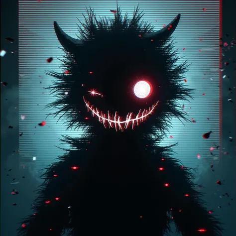 A shadowy glitch monster with pixelated errors across its body, one eye flickering between red and blue, and a distorted demonic grin. It emerges from a cracked digital screen, with glitch effects surrounding it.
Traits: Glitch texture, flickering eyes, di...