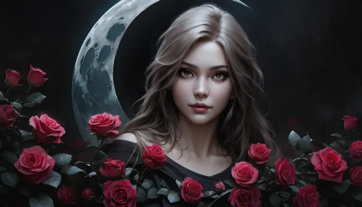 dark moon ,Cloudy, without a person, background, Moon and roses , Realistic 