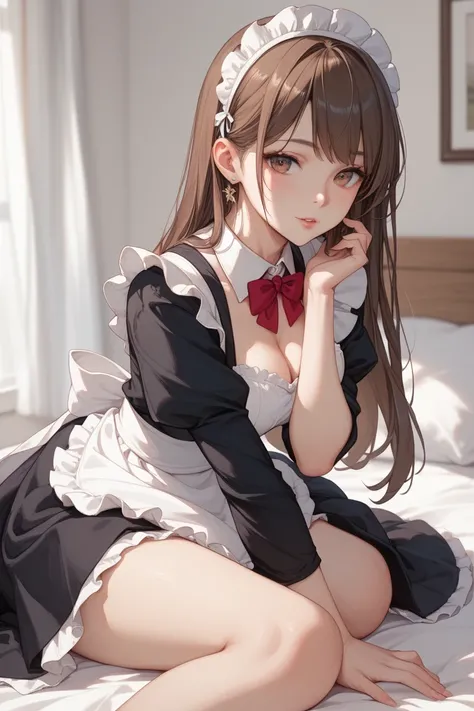  Japanese woman、 brown hair at the gym、 long hair、 maid clothes、Black Bed 、 beautiful、 beauty、