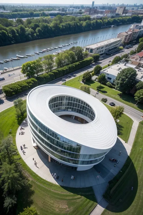 Future Architecture ， Aerial view ， with organic shapes and natural inspiration at its core ，Mimic the shape of a Mobi ring， creates a fluid and elegant structure ， showcases Santiago Calatrava's iconic style。