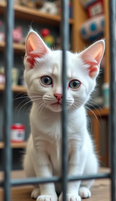 "A white cat is sitting inside a pet cage, looking sad with teary eyes and a crying expression. Its ears are slightly drooped, and it has a small frown, conveying a sense of loneliness and disappointment. The cage bars are visible in the foreground, and th...