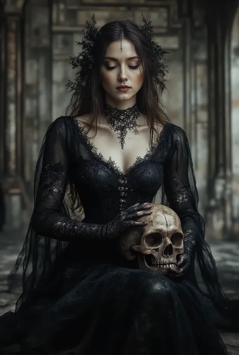 Love Beyond Time, High Quality, Gothic Horror, One Girl, Solo, Beautiful Woman, Queen of the Night, Dark Empress, Long Black Hair, Long Eyelashes, Closed Eyes, Narrow Face, Mole Under Eye, Moist Lips, Slim Body, Medieval European Black Dress, High Neck, Ch...