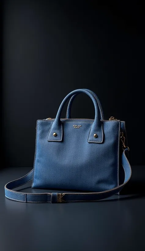 Stylish blue denim bag decorated. Close-up on a dark background