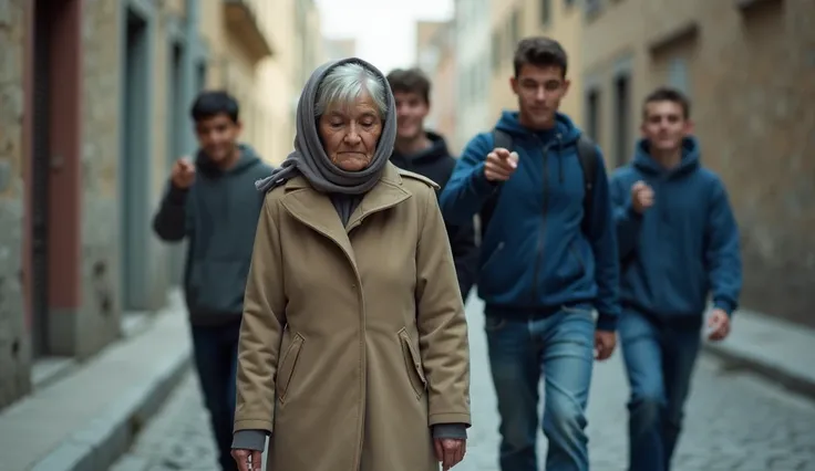 This image appears to depict an elderly woman walking down a street while a group of four teenage boys follow behind her, pointing and laughing. The woman is wearing a beige coat with a headscarf, and her facial expression conveys sadness or distress as sh...