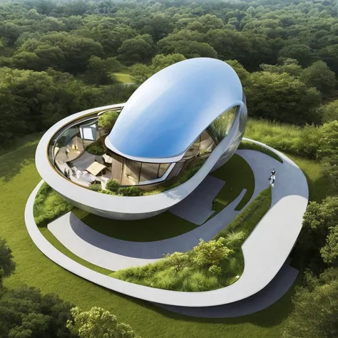 Future Architecture ， Aerial view ， combines the perfect fusion of technology with natural elements ， combines the appearance and greening design of a streamlined design，Mobis Ring，Demonstrating Toyo Ito's design philosophy 。