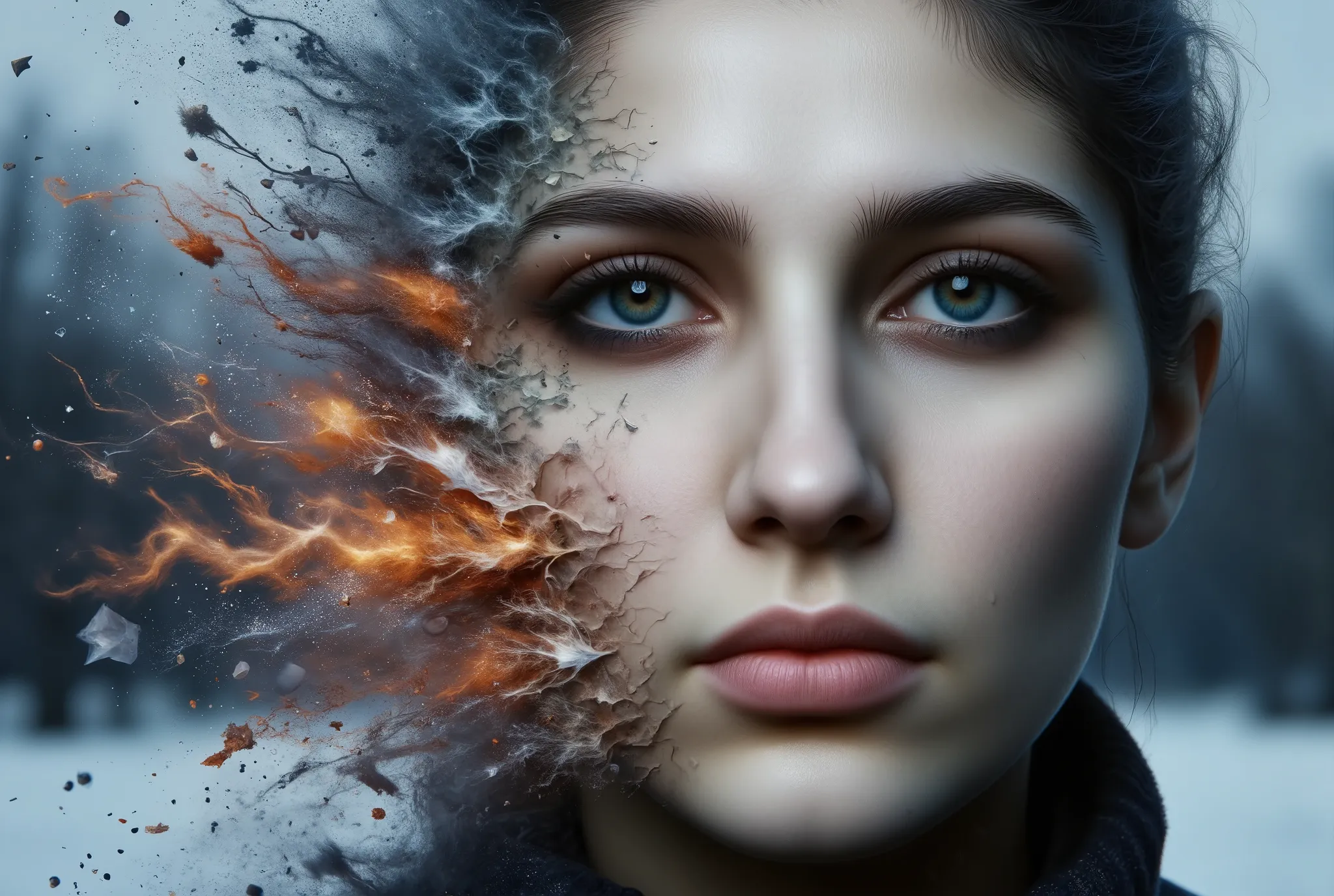 A close-up of a woman's face with chiseled features, lit by the cold, bluish light of a winter evening. The left side of her face dissolves in a ral-dissolve effect into geometric shards of flaming crystals and faint red-gold mist. her deep-set eyes remain...