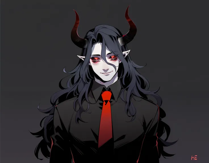  30-year-old male, devil, pale skin,  dark shadows that highlight his face ,  pretty face,  little bad smile . 10 eyes on the face ,  of black sclera and red pupils .  black and wavy hair, long hair down to waist,  large black horns with a crimson tip , po...
