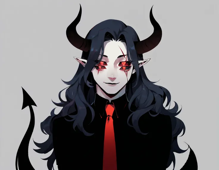 30-year-old male, devil, pale skin,  dark shadows that highlight his face ,  pretty face,  little bad smile . 10 eyes on the face ,  of black sclera and red pupils .  black and wavy hair, long hair down to waist,  large black horns with a crimson tip , po...