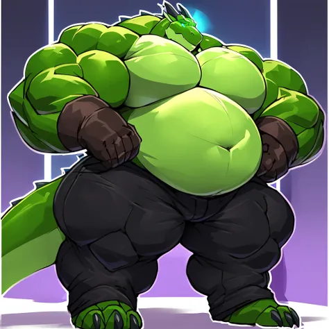 a green dragon with a big giant musclegut tall wide body and big round gut using black pants, and black gloves. standing still, solo, very big body, very tall body, very wide body, very muscular body, very fat body, big belly, big legs, fat chubby, large b...