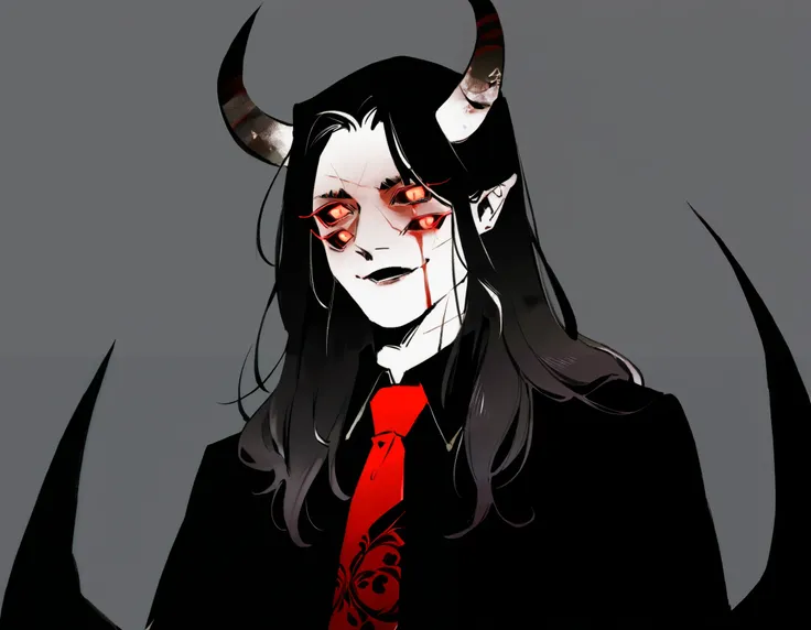  30-year-old male, devil,  Clear skin,  dark shadows that highlight his face ,  pretty face,  little bad smile . 10 eyes on the face ,  of black sclera and red pupils .  black and wavy hair,  Waist-length hair,  large black horns with a crimson tip ,  poin...