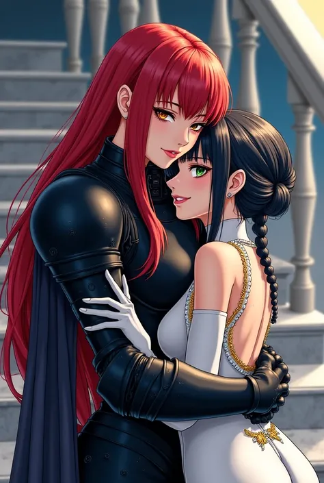 Realistic manga panel,  a woman with long straight dark red hair, It's all on one side, She has amber eyes , He wears black armor with a dark gray cape. You're smiling seductively, She is on a ladder on a rung above , She is curled down with her arms resti...