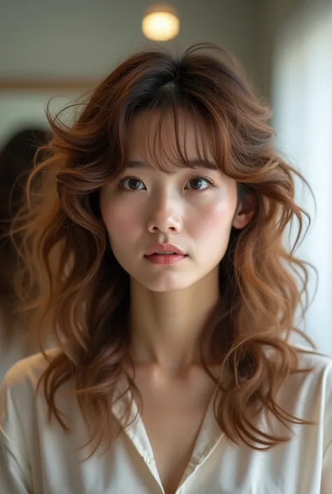 Create a photorealistic image of a 30-year-old Japanese woman with a semi-long light brown hairstyle that has been ruined by a failed perm. Her hair is extremely frizzy, dry, and unmanageable, with an awkwardly uneven wave pattern. The damaged strands appe...