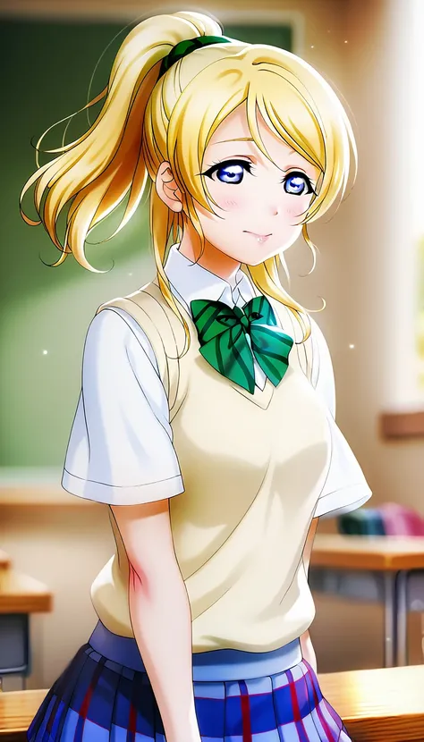 1 girl, ayase eli, at school, love live!, blonde hair, blue eyes,  cute, detailed, best quality,  mild colors, , standing, school uniform, ponytail