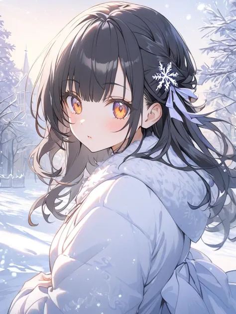 1 girl, bangs, black hair, half-up hair, violet eyes, orange eyes, winter wonderland scenery