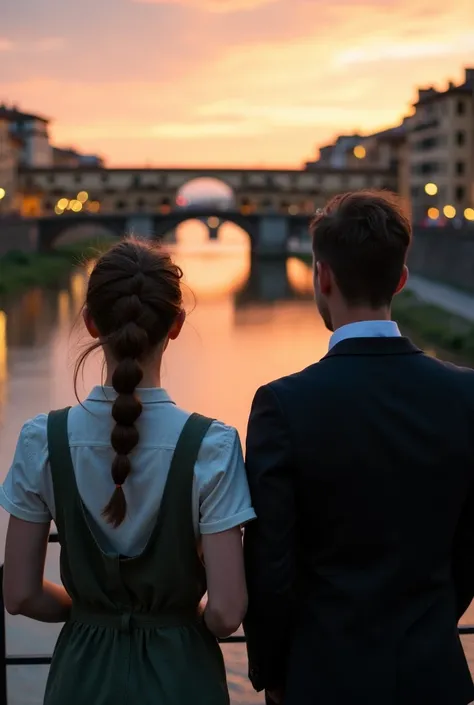 An image of the Ponte Pietra di Verona ,  at dusk with two people looking at the bridge .  A young woman of about 27 years old with light brown hair in a braid and a jumpsuit and a man with short brown hair in a suit 