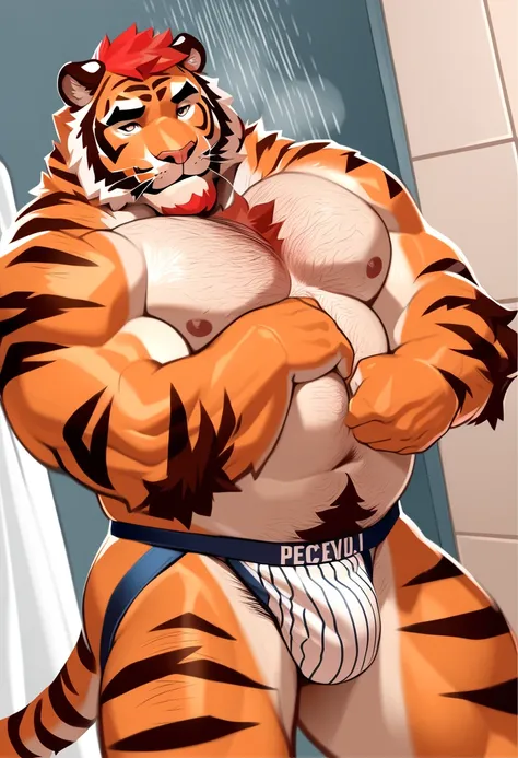 solo, 1boy, Muscular Old man, furry tiger, wide shoulder, pectoral, thick arms, pose, hentai pose, chest hair, arms hair, pubic hair, huge pectoral, wide pectoral, in bathroom, shower, short red hair, jockstrap and shirtless, simple background, masterpiece...