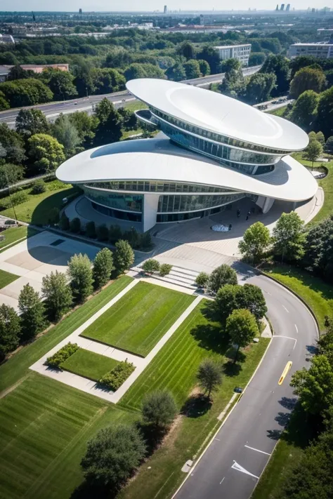 Future Architecture ， Aerial view ， with organic shapes and natural inspiration at its core ，Mimic Mobius Ring、Shape of the eye， creates a fluid and elegant structure ， showcases Santiago Calatrava's iconic style。