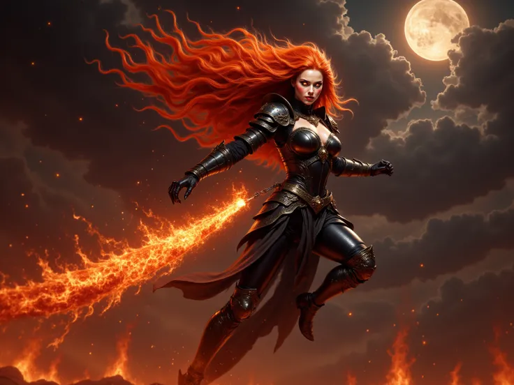 Woman (Helena), Long Flowing hair made of Fire, Eyes glowing Orange, Voluptuous Build, Large Breasts, Long Legs, Wide Hips, Wearing form fitting Blackened Armor, Flying through the night sky, Arms stretched behind her with a fire blast and trail shooting o...