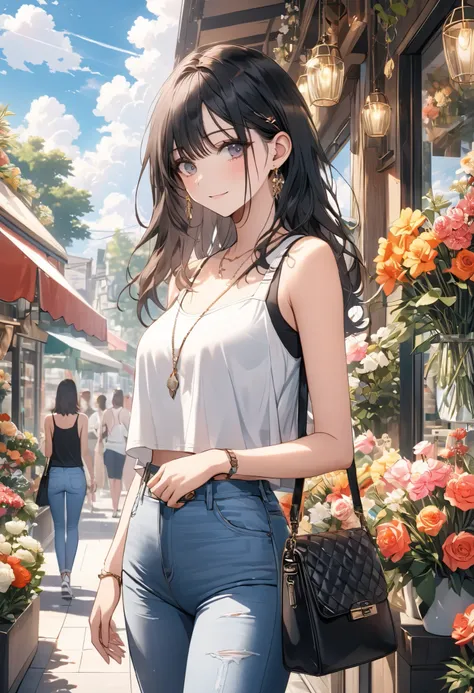  Beautiful, anime,  girl ,  jeans, lightweight top , beautiful handbag ,  sneakers, decorations, stands near a flower shop, summer day, clouds,  beautiful colors ,  best quality,  a maximum of details ,  complicated details, 8 k,  Masterpiece ,  in detail,...