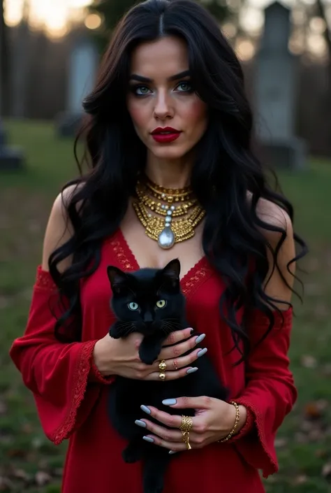  Beautiful lush woman ,  provocative,  dressed in red and black , WITH NECKLACES , rings and rings of gold , with gypsy features ,  long wavy black hair ,  sky blue eyes , with gypsy features ,  is seen as queen of the gypsies  ,  walking around the inters...