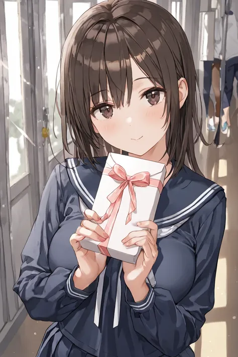 Woman holding out a small box with a ribbon、 dark brown hair、dark brown eyes、sailor long sleeve、School corridor、 top quality、 Masterpiece