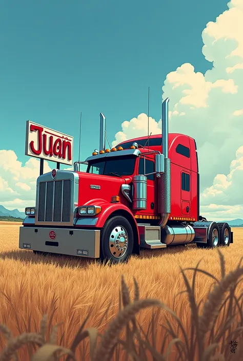 I want a Kenworth t680 tratomula that can only be seen on the stubble with an anime style with a sign that says Juan but aesthetic and behind it a little aggressive 