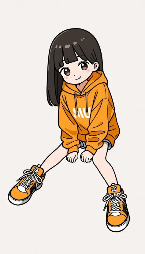 1 girl, 19yo, (smile:1.2),long black hair with blunt bangs, dark brown eyes,(white background), no simbol yellow orange hoodie,short shorts, sneakers,left ear