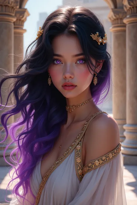 Create an image of a girl with very long and wavy black hair with purple tips with purple eyes wearing the clothing of the Greek goddesses