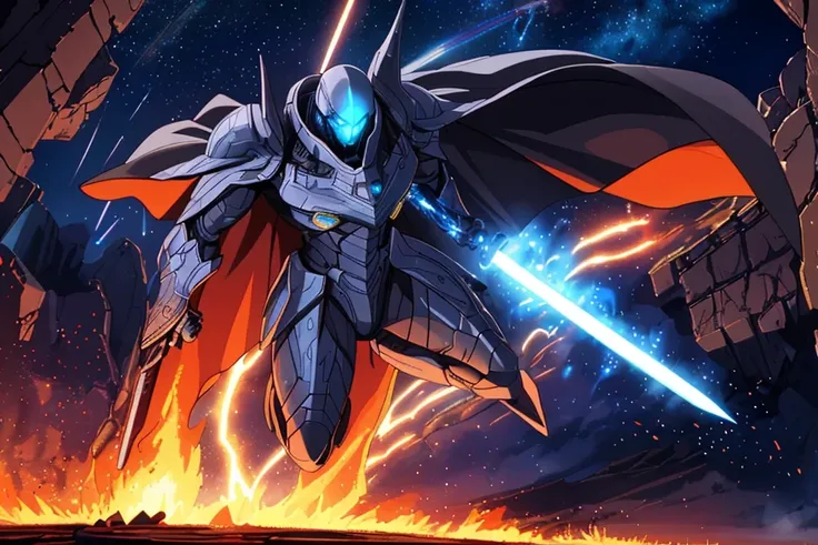 1male, space warrior in sleek metallic armor with glowing blue accents and intricate engravings; the armor features a flowing black cape dramatically billowing in the wind; wielding a plasma sword mid-swing with radiant blue energy trails; the character is...