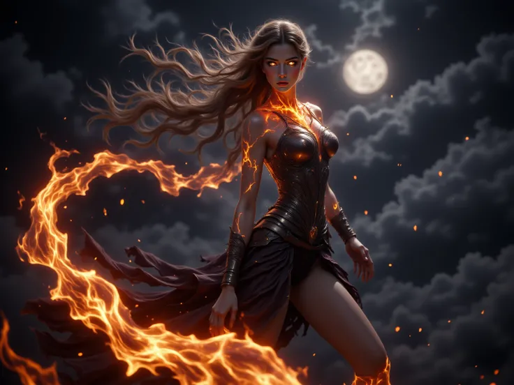 Woman (Helena), Long Flowing hair made of Fire, Eyes glowing Orange, Voluptuous Build, Large Breasts, Long Legs, Wide Hips, Wearing form fitting Blackened Armor, Flying through the night sky, Arms stretched behind her with a fire blast and trail shooting o...