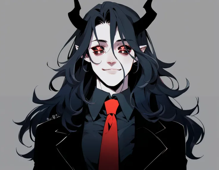  30-year-old male, devil, pale skin,  dark shadows that highlight his face ,  pretty face,  little bad smile . 10 eyes on the face ,  of black sclera and red pupils .  black and wavy hair, long hair down to waist,  large black horns with a crimson tip , po...