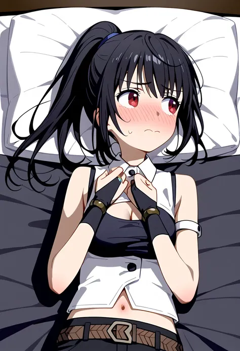 score_9, score_8_up, score_7_up, flat colors, soft shading, anime style, minimal shading,
#
indoor, bed, (dark room:1.2), from above, from front, front view, cowboy shot,
#
BREAK, shizuku,long hair,black hair, ponytail,bangs, red eyes, 
#
shizukudress,butt...