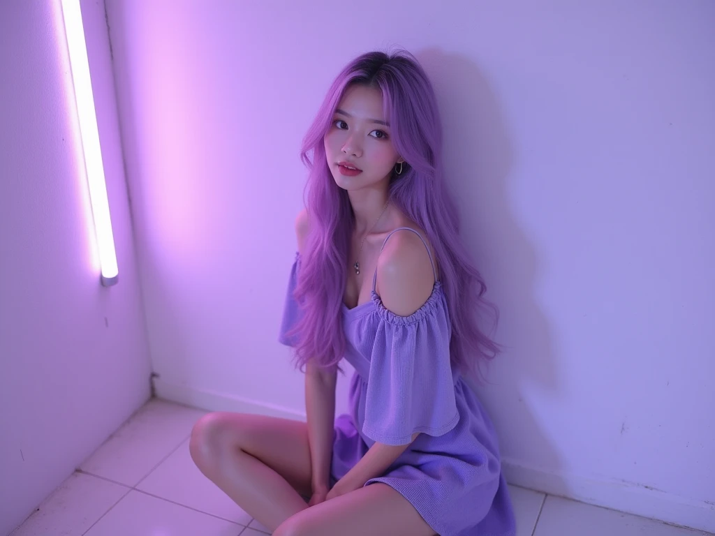  Korean girl wearing leg-colored dress, long light purple hair, beautiful skin, aura, face, pretty cute like a net idol, with white walls as a background. On the wall is the word: "Pued Acoustic"  and purple light contrasting with dim silver 