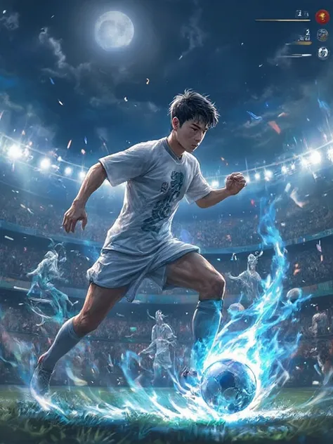 (best quality, ultra-detailed, cinematic illustration, dramatic lighting:1.2)

A **dynamic low-angle shot** captures a **young male footballer** in mid-action, embodying the fusion of athletic prowess and mystical cultivation. He possesses a **lean, muscul...