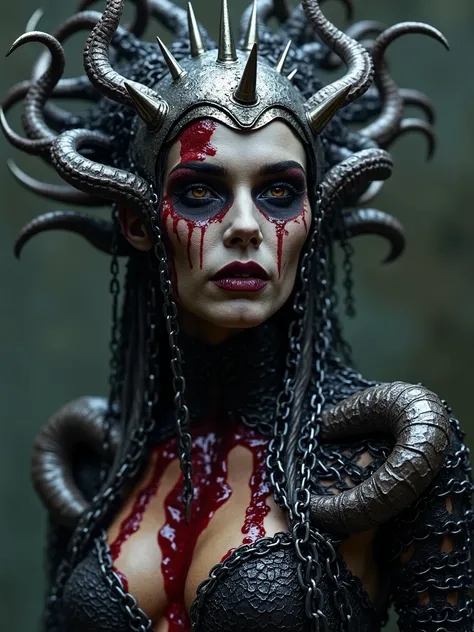 Beautiful Female cosmic entity,silver spiked crown,half skull half face, tentacles wrapped around her,spilled with red and black fluid,dark makeup,dark surrealism,dark realistic photography, dark occult art,melancholic dark art, surreal dark art,realistic ...