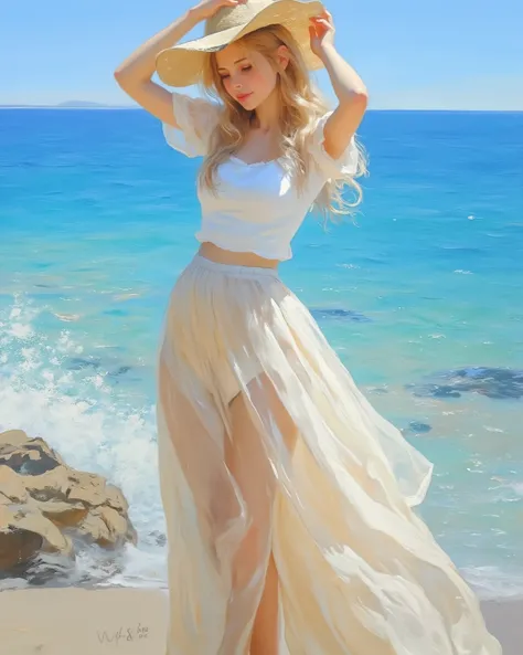 oil painting, V.V. style,   . beautiful girl, summer clothes, translucent skirt, blonde, sun hat, hold onto hat, outdoor, seascape, blue ocean, shore, oil painting texture, (masterpiece, best quality:1.2) 