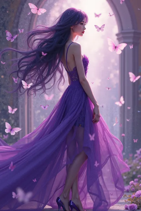 The girl, 41, but with a 's face, wears a purple skirt, with butterflies around her body, hair length to the waist, dark purple hair color, purple high heels. 